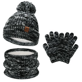 Children's Winter Pompom Hat Loop Scarf Gloves Set, Winter Hat Mittens for 0-4 Years Baby Toddlers, Knitted Hat Touchscreen Gloves for 5-8 Years Girls Boys, (5-8 years) black white