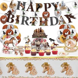 Horse birthday decoration, horse party decoration, 88 pieces horse birthday decoration set, tablecloth, paper plates etc. for birthday party.