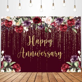 Ayayiya Happy Anniversary Backdrop Party Decorations, Burgundy Flower Wedding Anniversary Party Photography Background Couple Marriage Engagement Commemoration Day Banner Photo Shoot Props 7x5ft