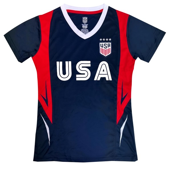 Icon Sports Official Licensed U.S. Soccer 4 Star USWNT Players Girls's Gameday Shirts Football Tee Top | Navy, Youth Large