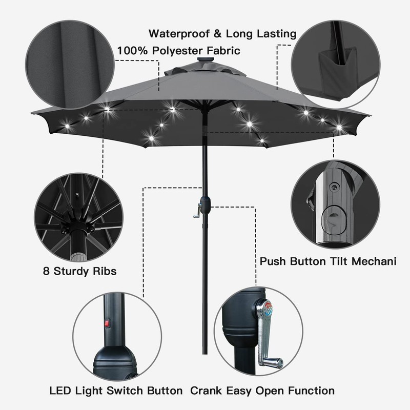 Sunnyglade 9' Solar LED Lighted Umbrella with 8 Ribs Adjustment