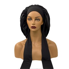 Satin Silk Bonnet for Sleeping - Extra Large Sleep Cap with Tie Band Women Shower Cap for Curly Dreadlock Braid Hair Care - Black