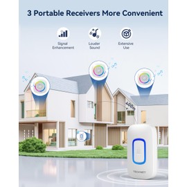 TECKNET Wireless Doorbell with 3 Portable Doorbells with RGB Light, Battery Powered IP66 Waterproof Door Chime Kit, 1300ft Wireless Range, 60 Chimes & 5 Level Volume, Using Time up to 4.5 Years