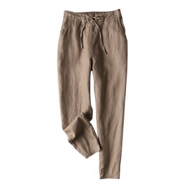 IXIMO Women's Tapered Pants 100% Linen Drawstring Back Elastic Waist Pants Trousers with Pockets Dark Khaki S