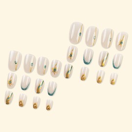 Almond Press on Nails Short French Tips Fake Nails Oval Acrylic False Nails with Designs Gold Sun Marble Wave Glue on Nails Press ons Manicure Art Stick on Nails for Women Girls 24Pcs