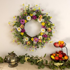 MG MagicGarden Artificial Spring Wreath 22 Inch Spring Wreaths for Front Door Springtime Flower Wreath with Colorful Daisy Pink Phalaenopsis for Springtime Holidays Wall Porch Farmhouse