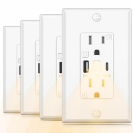 USB Outlet with Night Light,15 Amp Wall Outlets with Nightlight, 5V 4.8A Tamper-Resistant Electrical Receptacle with Type A & Type C Ports, Wallplate Included, ETL Listed(Warm White LED, 4-Packs)