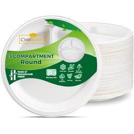 CHEF ROYALE 5 x Disposable Bagasse Sugarcane Plates, 3CP Large White Bagasse Plates for Everyday Use, 3 Compartment Food Tray Eco-Friendly, Biodegradable and Compostable, Ideal for Picnics (5, White)
