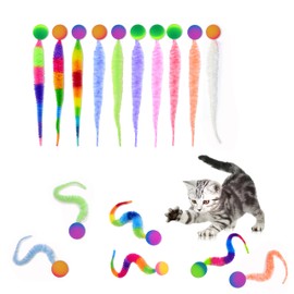 Tutuone Bouncy Ball with Tail for Cats 10 Pack,Cat Fuzzy Worm Toys,Magic Worm Bouncy Ball Toy for Indoor Cat (10pcs)