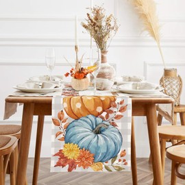 Cloudfomila Fall Pumpkin Table Runner Grey Buffalo Plaid Burlap Table Runners, Autumn Harvest Thanksgiving Seasonal Coffee Table Center Decor for Home Kitchen Dining Party Indoor Outdoor 13x108 Inch