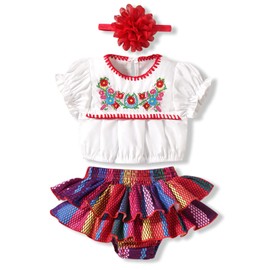 HINTINA 6 Month Infant Baby Girl Mexican Ethnic Embroidery Floral Shorts Clothes Set Traditional Mexico Themed Cinco De Mayo Fiesta Outfits 6-12 Months
