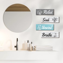Dremisland Farmhouse Bathroom Wall Decors 4 Pieces Rustic Bathroom Wall Arts Relax Soak Unwind Breathe Bathroom Signs Vintage Wooden Decorations for Home Laundry Room Bathroom (Relax Sign)