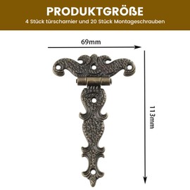 Pack of 4 Antique Hinges, Retro T-Hinge Vintage Cabinet Hinges with Mounting Screws, Furniture Hinges Door Hinges for Cupboard, Drawer Door, Bookshelf, Wooden Box