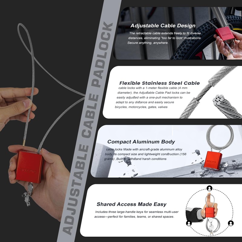 BOZZYS Cable Padlock with 3 Keys | L 1.15ft(0.35m),D 1/6in(4mm)