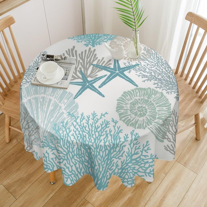 YSWOW Nautical Coastal Tablecloth Beach Starfish Coral Seashell Art Printed