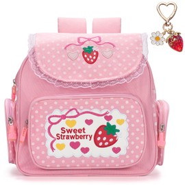 LJCTULY Kawaii Strawberry Backpack for Girls Teens Women - Japanese Cutecore Polka Dot Bag - Cute Pink Backpack for Hiking, Shopping