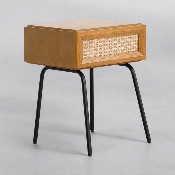 NTC Solid Oak Drawer Face Lulu Nightstand with Natural Rattan