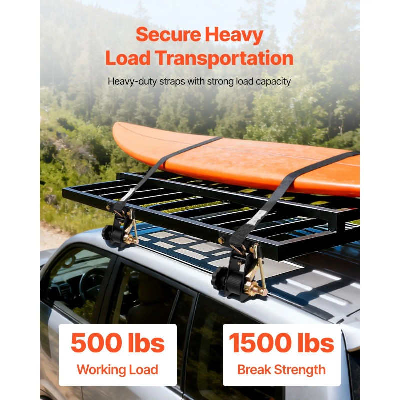 2-Piece Black Square Tube Mount Ladder Rack Ratchet Straps 1.5