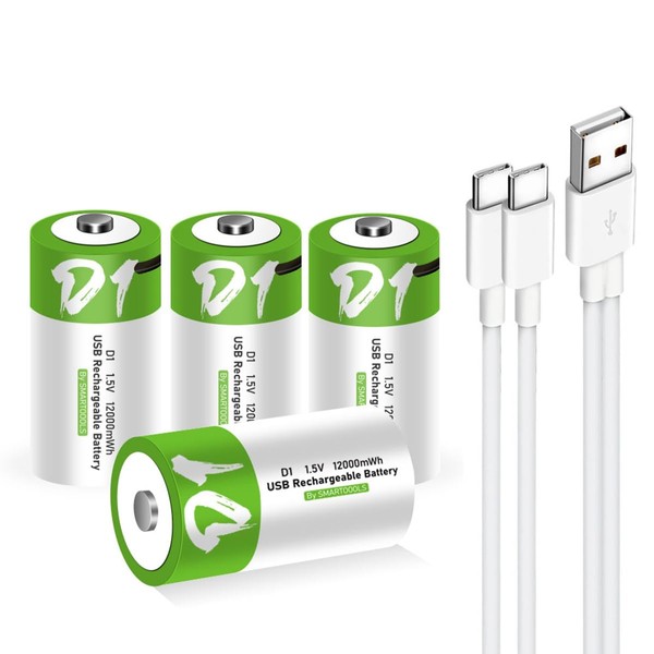 Lankoo - Baterías USB recargables de litio D con cable de carga USB-C 4 en 1, batería de alta capacidad de 1,5 V de tamaño D, 12000 mWh y 1200 ciclos para linterna juguetes y reflector (paquete de 4)