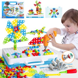 Mosaic Plug-In Game Screw Toy, 3D Puzzle, Educational Toys with Electronic Drill, Building Block Toy Gift Idea for Children, Boys, Girls from 3, 4, 5 Years Old