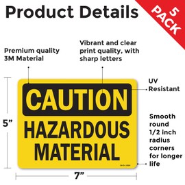 Hazardous Material OSHA Caution Vinyl Decal Label 7 Inch x 5 Inch - 5 Pack