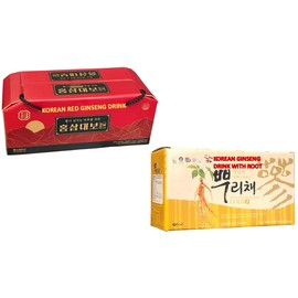 Combo - Red Ginseng Drink and Ginseng Drink with Root - Nuoc Uong Hong Sam va Nuoc Uong Nhan Sam - 10 Bottles per Box with 2 Boxes per Order - Product South Korea