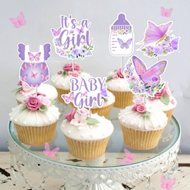 Balterever Purple Butterfly Baby Shower Cupcake Toppers Butterfly Baby Shower Decorations for Girl Purple Butterfly Themed Party Supplies Baby Girl It's A Girl Baby Girl Birthday Decoration