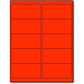 Fluorescent Mailing Labels - 4" x 2" Red - 10 Per Sheet - Bright Neon Color Address Stickers for High Visibility - Inkjet/Laser - 25 Sheets / 250 Labels