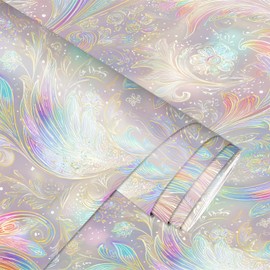 IOHEFY Rainbow Feather Wallpaper Peel and Stick 17.7" x 118.1" Pastel Swirl Floral Contact Paper Removable Self Adhesive Vinyl Wall Decor for Bedroom Kids Room Fairycore Style