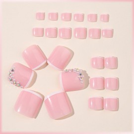 White French Tips Press on Toenails with Rhinestones Design Glossy Pink Acrylic Short Square Fake Toe Nails Gel Glue on Nails Crystal Full Cover False Toenails Stick on Nails for Women Girls 24Pcs
