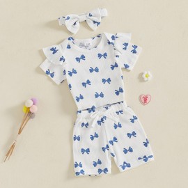 Baby Girl Summer Outfit Bow Print Ruffle Short Sleeve Romper Tops Shorts Headband Ribbed Knitted 3Pcs Clothes Set (White Bows, 3-6 Months)