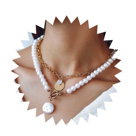 Inilbran Boho Layered Pearl Choker Necklace Vintage Pearl T Bar Necklace Gold Coin Paperclip Necklace Pearl Multilayered Thick Chain Necklace Jewelry for Women and Girls