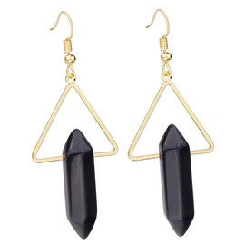 TUMBEELLUWA Healing Crystal Stone Dangle Earrings for Women Hexagonal Quartz Stone Points Triangle Earrings, Black Obsidian