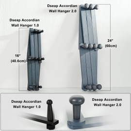 Dseap Expandable Coat Rack (Larger Version) - 24” High, Anti-Slip, Ultra Heavy Duty Wooden Accordian Wall Hanger with 10 Study Peg Hooks for Clothing Hats Jackets Bags, Grey