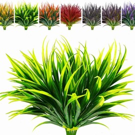 6Pcs Artificial Grass Fake Plants 17.3in 16 Leaves Outdoor Fake Grass UV Resistant Greenery Plastic Plants for Home Window Garden Office Patio Hanging Planter Pathway Front Porch Décor:_6PCS/Green_6 Pcs