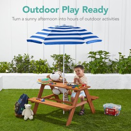Best Choice Products Kids Wooden Picnic Table, Outdoor Activity & Dining Table w/Adjustable Collapsible Umbrella, Built-in Seats - Navy Blue