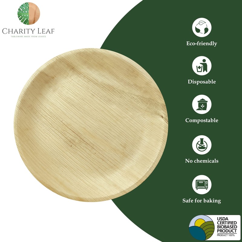 Charity Leaf Disposable Palm Leaf 9" Round Plates (200 pieces)