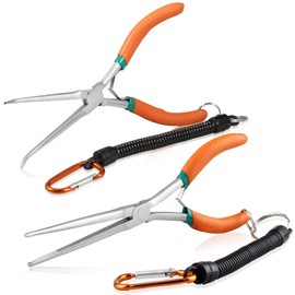 SPEEDWOX 2PCS Needle Nose Pliers With Curved Tips Curved Handle Extra Long Needle Nose Pliers With Straight Tips Needle Remover Pliers With Anti-Loss Lanyard and Serrated Jaw for Narrow Spaces