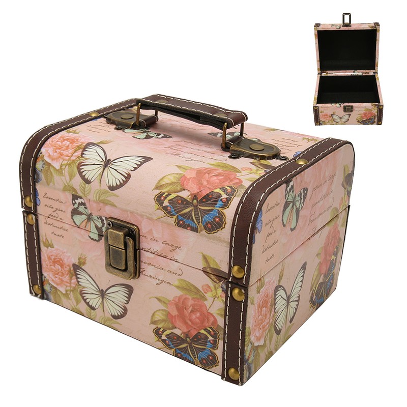 Treasure Chest Box Pink Butterfly Pattern Exquisite Retro Wooden PU