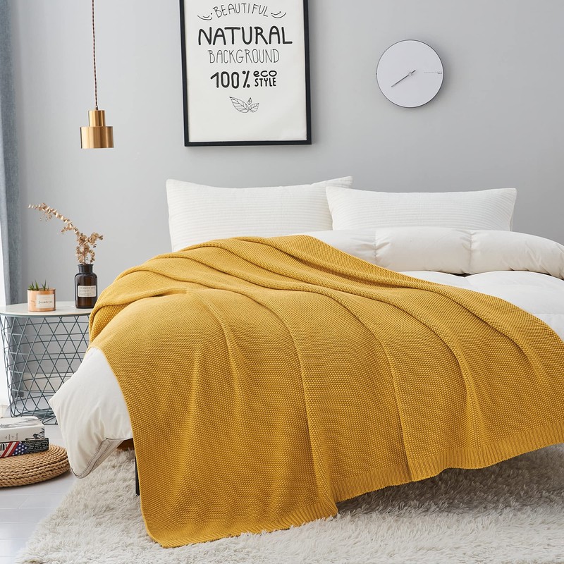 Longhui bedding Mustard Yellow Cotton Cable Knit Throw Blanket for