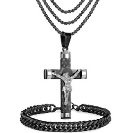 JUNOVUROS 5 Piece Stainless Steel Cross Pendant Necklace Set with 3 Chains and 1 Cuban Bracelet, Jesus Christ Cross Religious Jewelry Gift, Silver/Gold/Black