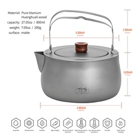 TiTo Titanium 800ml/27fl oz Titanium Kettle with Folding Handle Filter Teapot Ultralight Portable Coffee Boil Water Pot for Outdoor Camping Hiking Travel Backpacking Drinkware (N1-Matte)