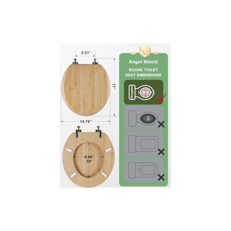 Round Bamboo Toilet Seat with Zinc Alloy Hinges, Easy to