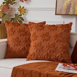 UGASA Fall Leaves Pillow Covers 18x18 Inch Set of 2 Maple Leaf Throws Pillowcases Leaves Embroidery Soft Plush Faux Wool Cushion Cases for Autumn Decor Gift Couch Sofa Chair Bedroom, Brown