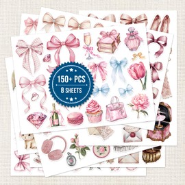 150 PCS Aesthetic Pink Sticker Pack, Girly Vinyl Decals for Women and Teens, Cute Waterproof Laptop and Water Bottle Stickers, Coquette Aesthetic Set for Scrapbook, Journal, and Phone Decor