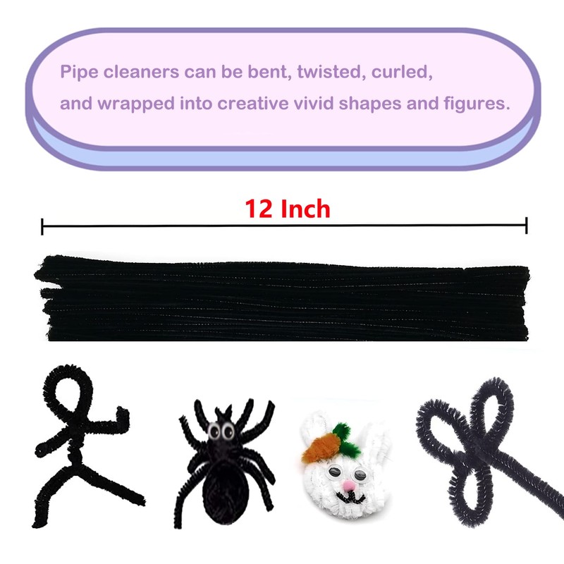 Cldamecy 100 pcs Black Pipe Cleaners with 20 pcs Googly