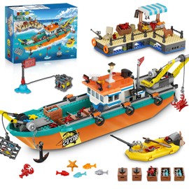 City Fishing Boat Wharf Building Set - Floatable Sea Fishing Ship Building Block Kit with Speedboat Crane Containers Exploration Boats Toy Birthday Gift for Kids Boys Girls 6 7 8 9 10+, 762PCS