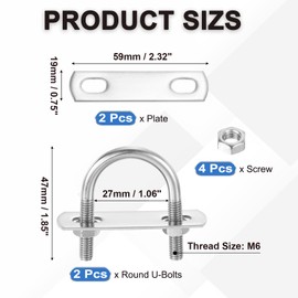 PATIKIL Round U-Bolts, 2 Pcs 1.06"(27mm) Inner Width 47mm Length M6 with Nut Plate Washer 304 Stainless Steel Round Bend U-Bolts for Boat Trailer Axle Sailboat