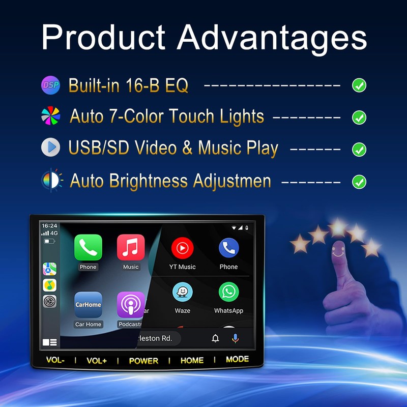 7-Inch Auto Brightness Portable Wireless Apple CarPlay & Android Auto
