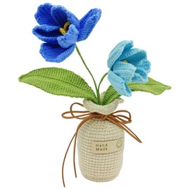 Nehsiac Handmade Crochet Tulip Artificial Flower, Blooming Tulip Flowers Paired with Vases, Suitable for Home Decoration, Festival Scene Display, and Gifting to Friends and Family (Blue)